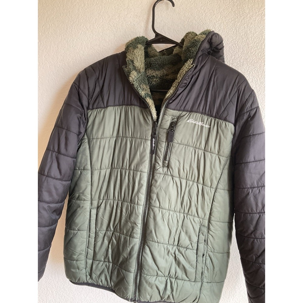Eddie Bauer Boy's Reversible Hooded Jacket Green/camo Youth Large 14/16 - Picture 2 of 6